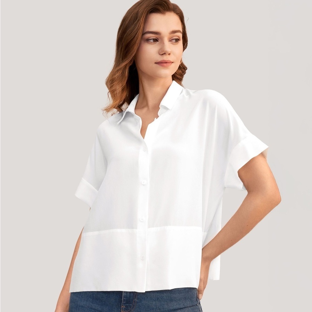 Lilysilk Boxy Cropped White Button-Down Short Sleeve Shirt